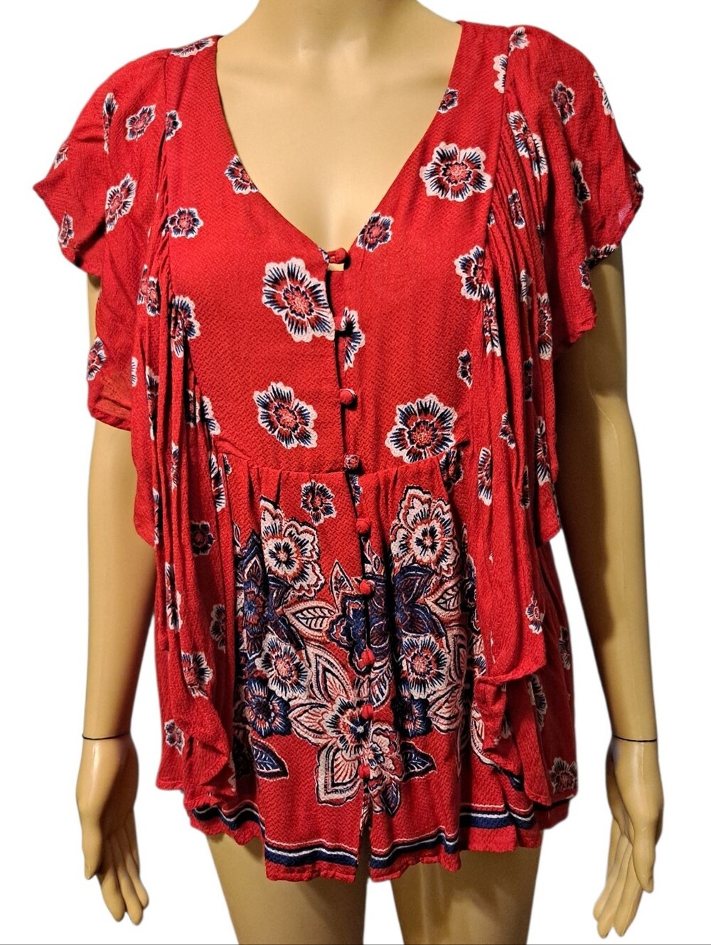 Vintage Ameeica Blues Flowy Red Floral V-Neck Tunic Top